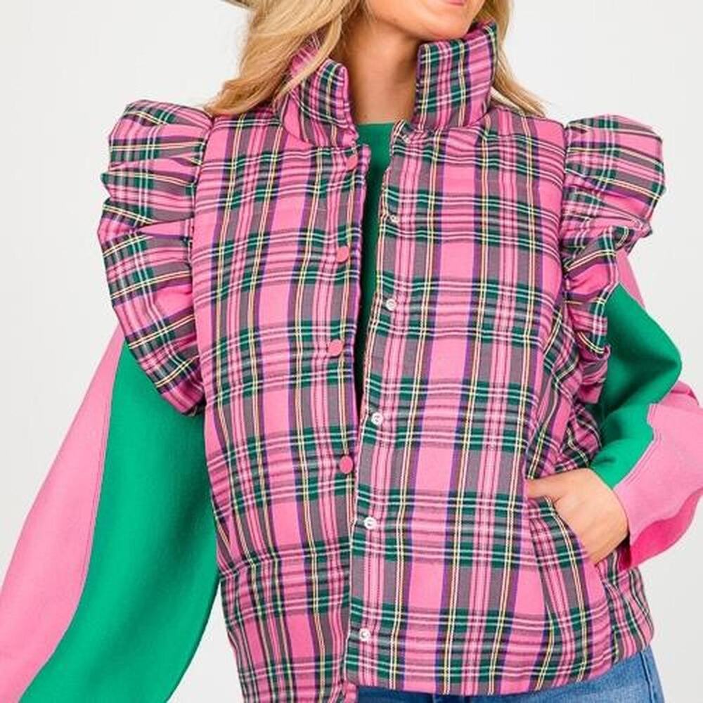 Entro Plaid ruffle tartan puffer vest